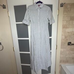 STAUD Joan Maxi Shirt Dress - White and Sage Green Striped